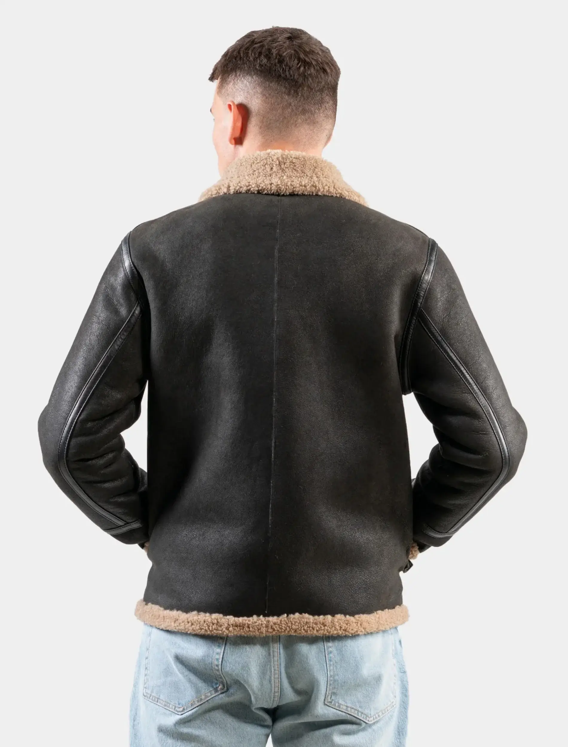 Mens Classic Dark Brown Leather Shearling Jacket Back