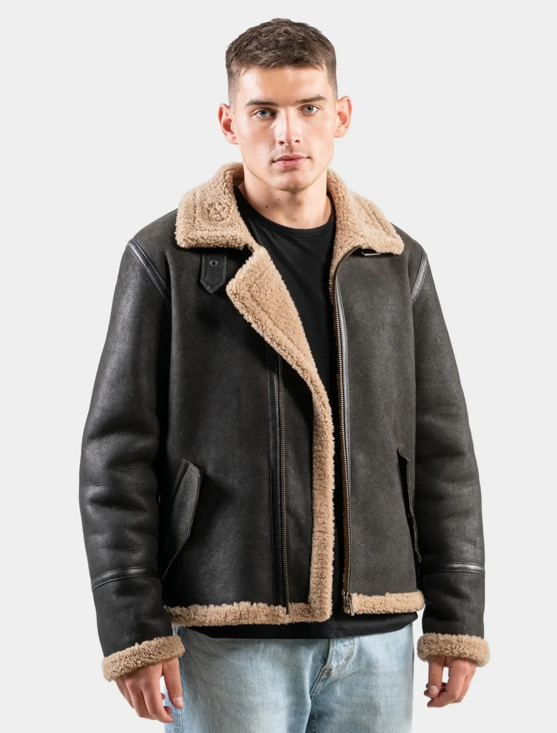 Mens Classic Dark Brown Leather Shearling Jacket