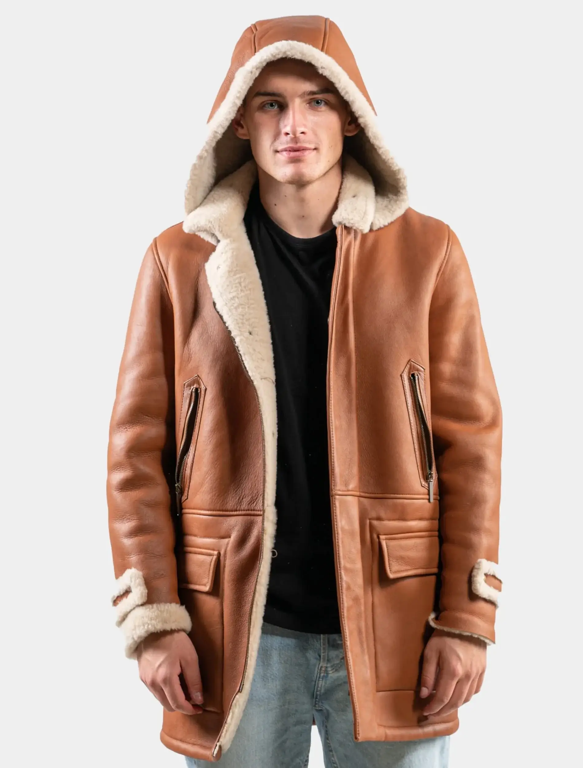 Mens Classic Tan Leather Hooded Shearling Coat