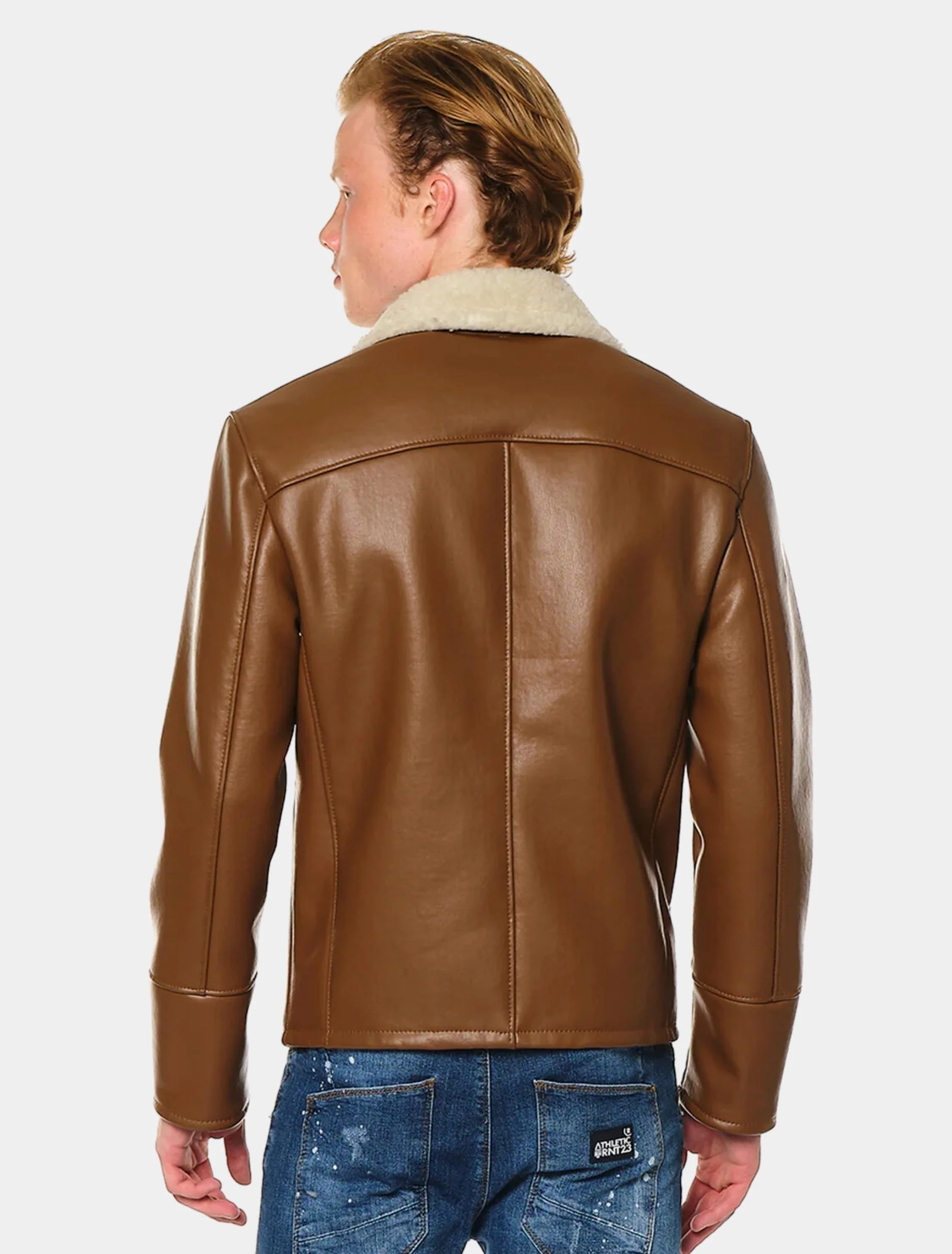 Mens Classic Tan Leather Shearling Biker Jacket Back