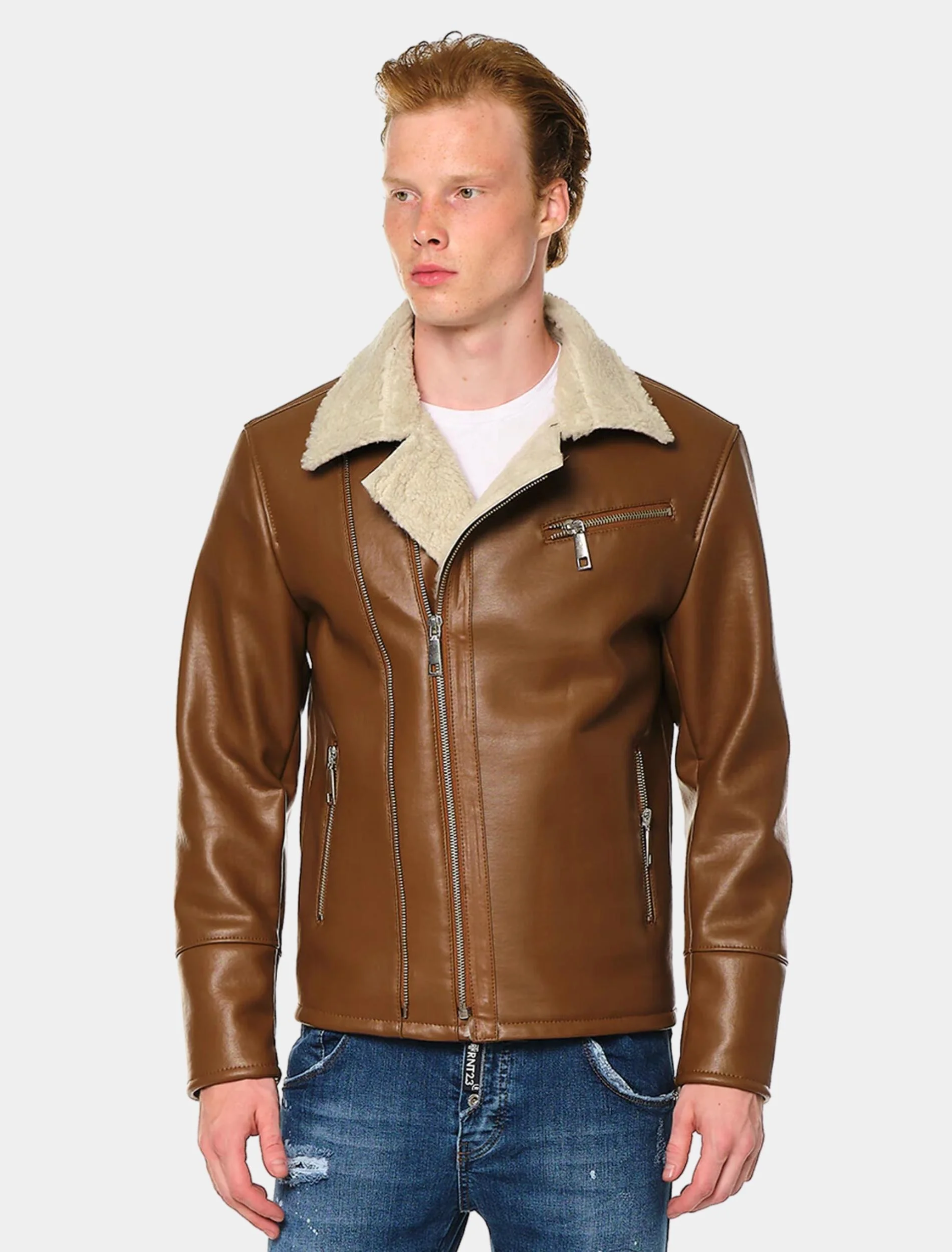 Mens Classic Tan Leather Shearling Biker Jacket