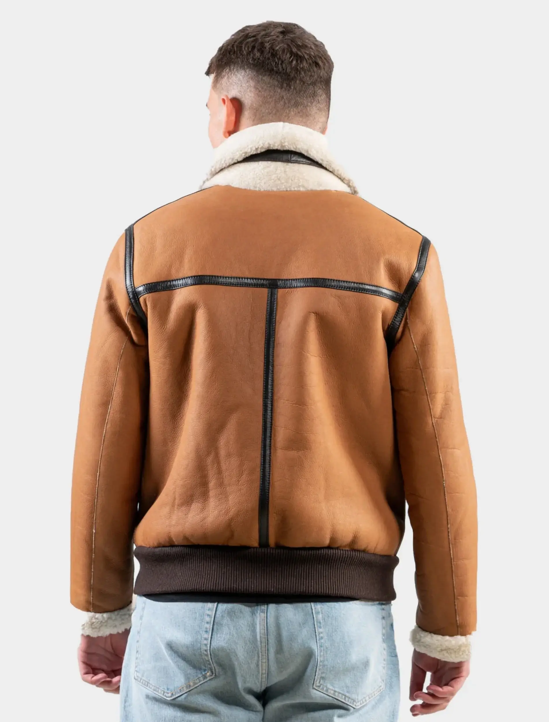 Mens Classic Tan Leather Shearling Jacket Back