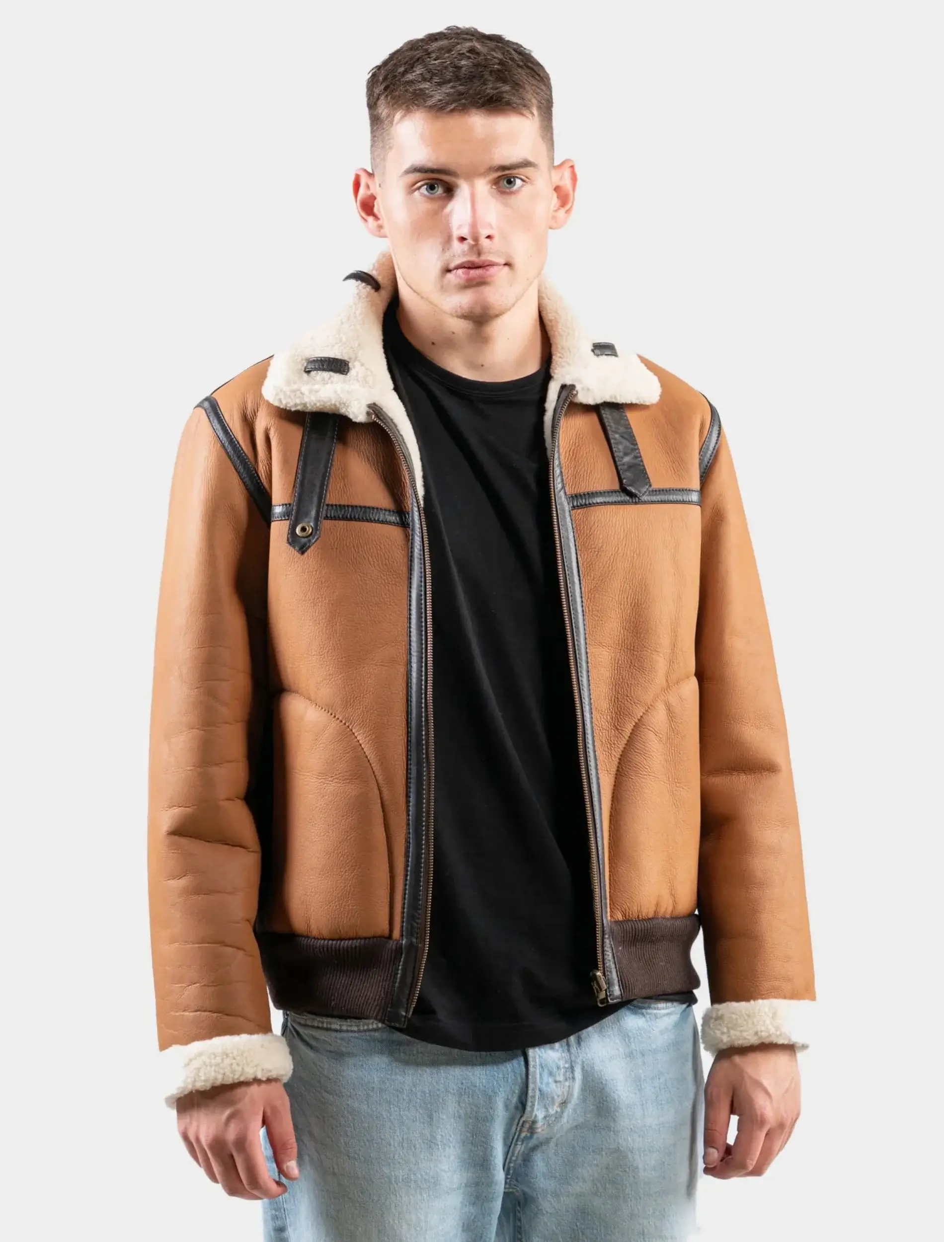 Mens Classic Tan Leather Shearling Jacket