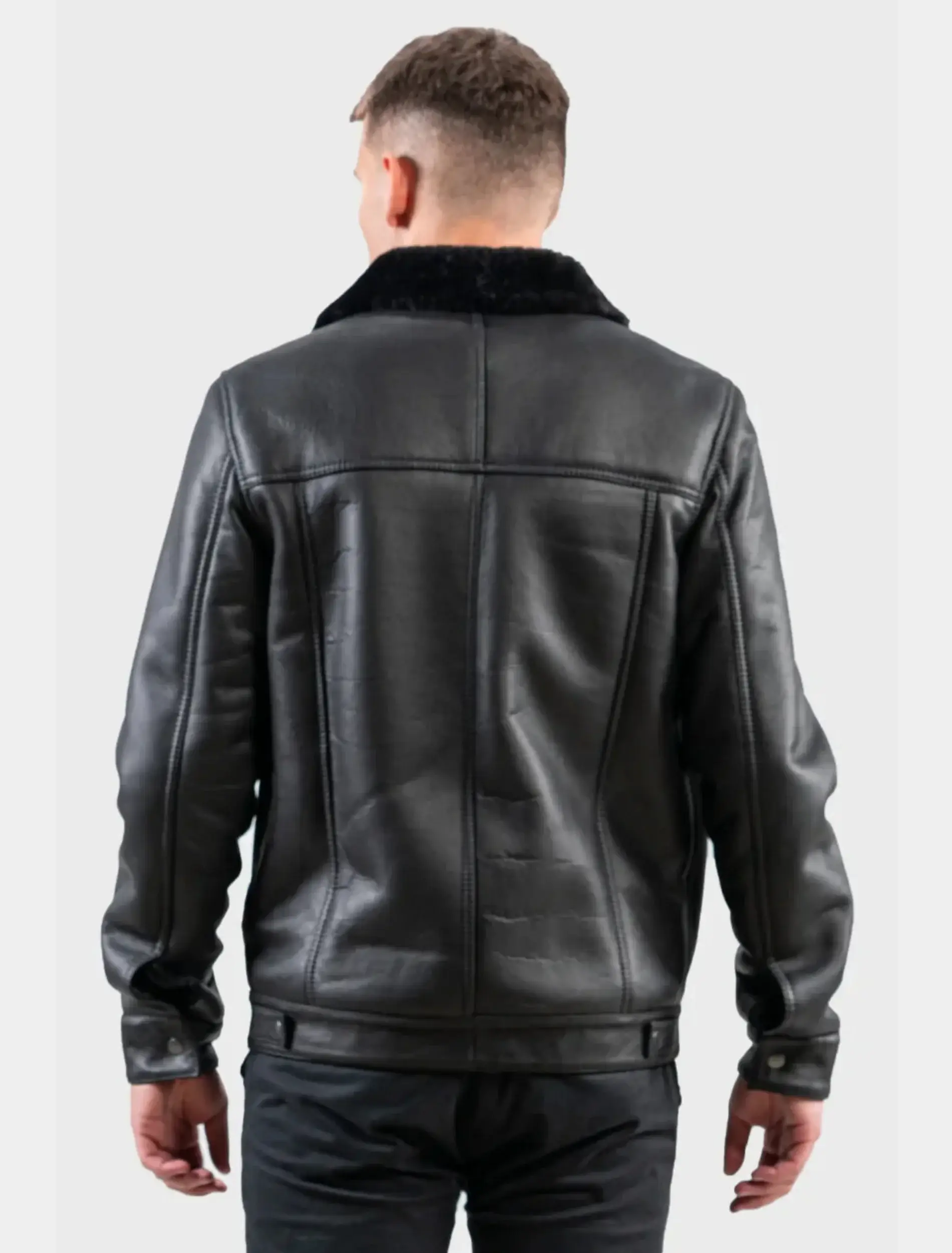 Mens Classic Trucker Style Black Shearling Jacket Back