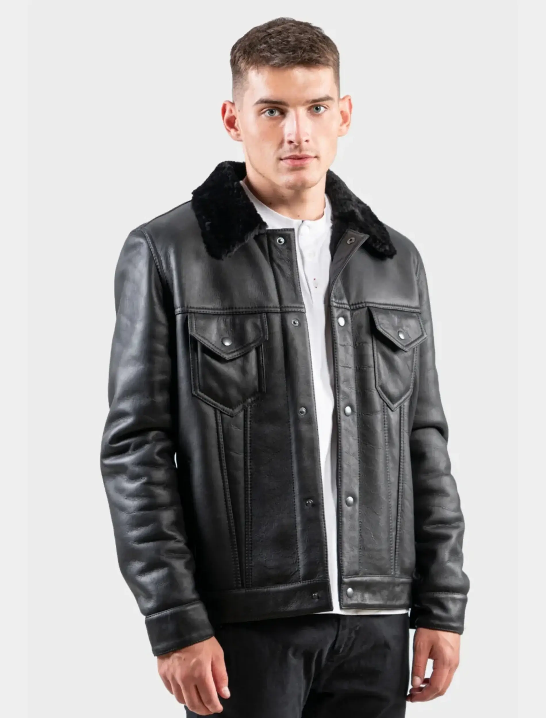 Mens Classic Trucker Style Black Shearling Jacket