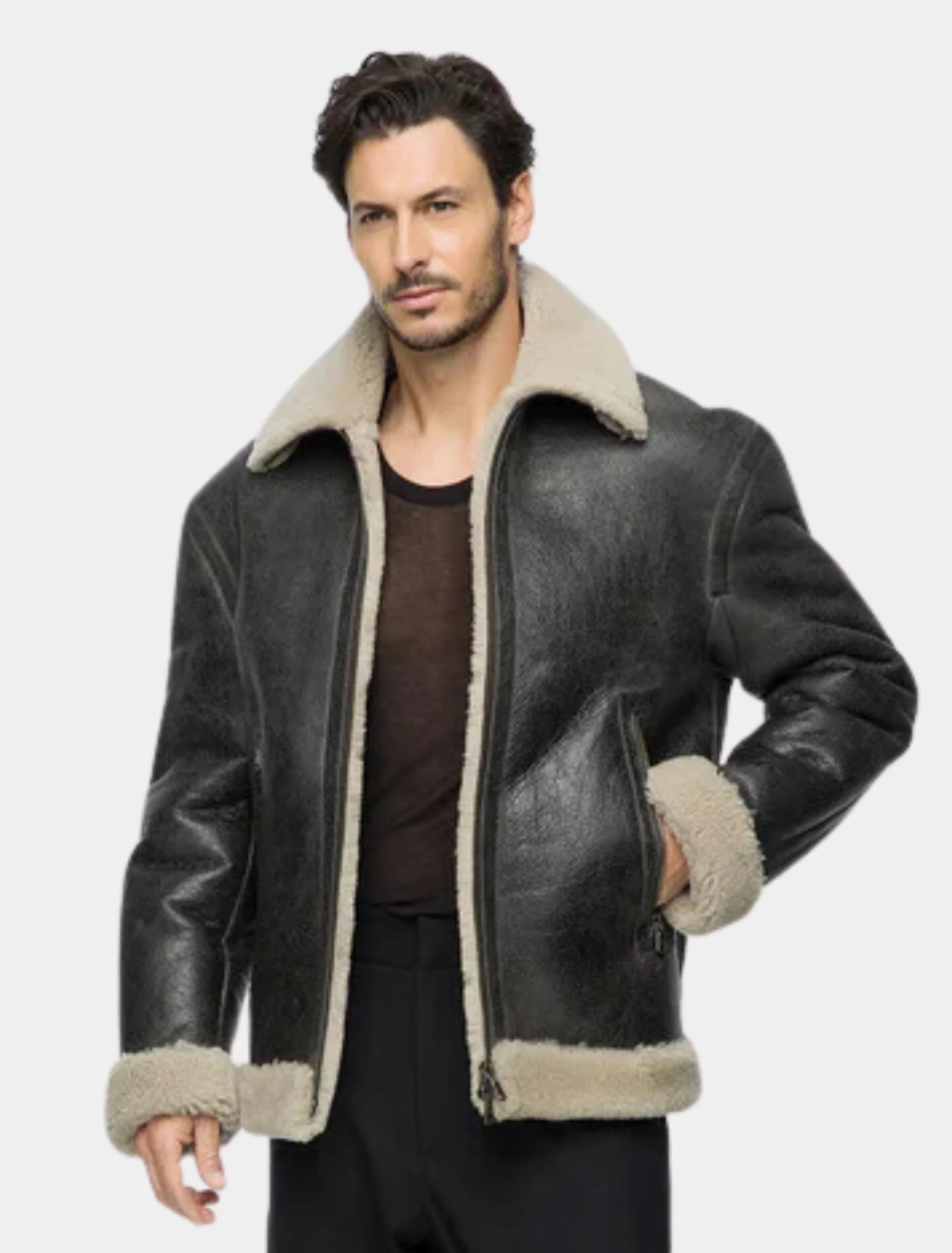 Mens Classy Black Leather Shearling Jacket