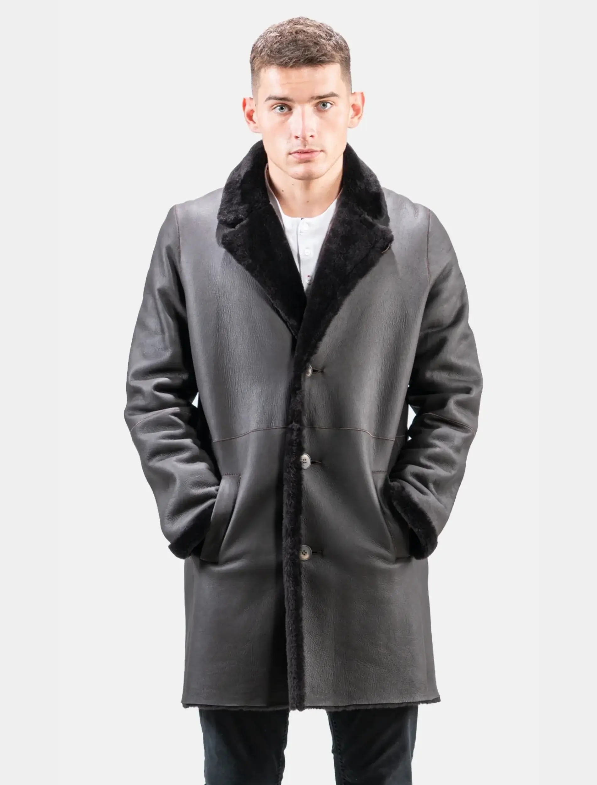 Mens Stylish Black Leather Shearling Coat Front