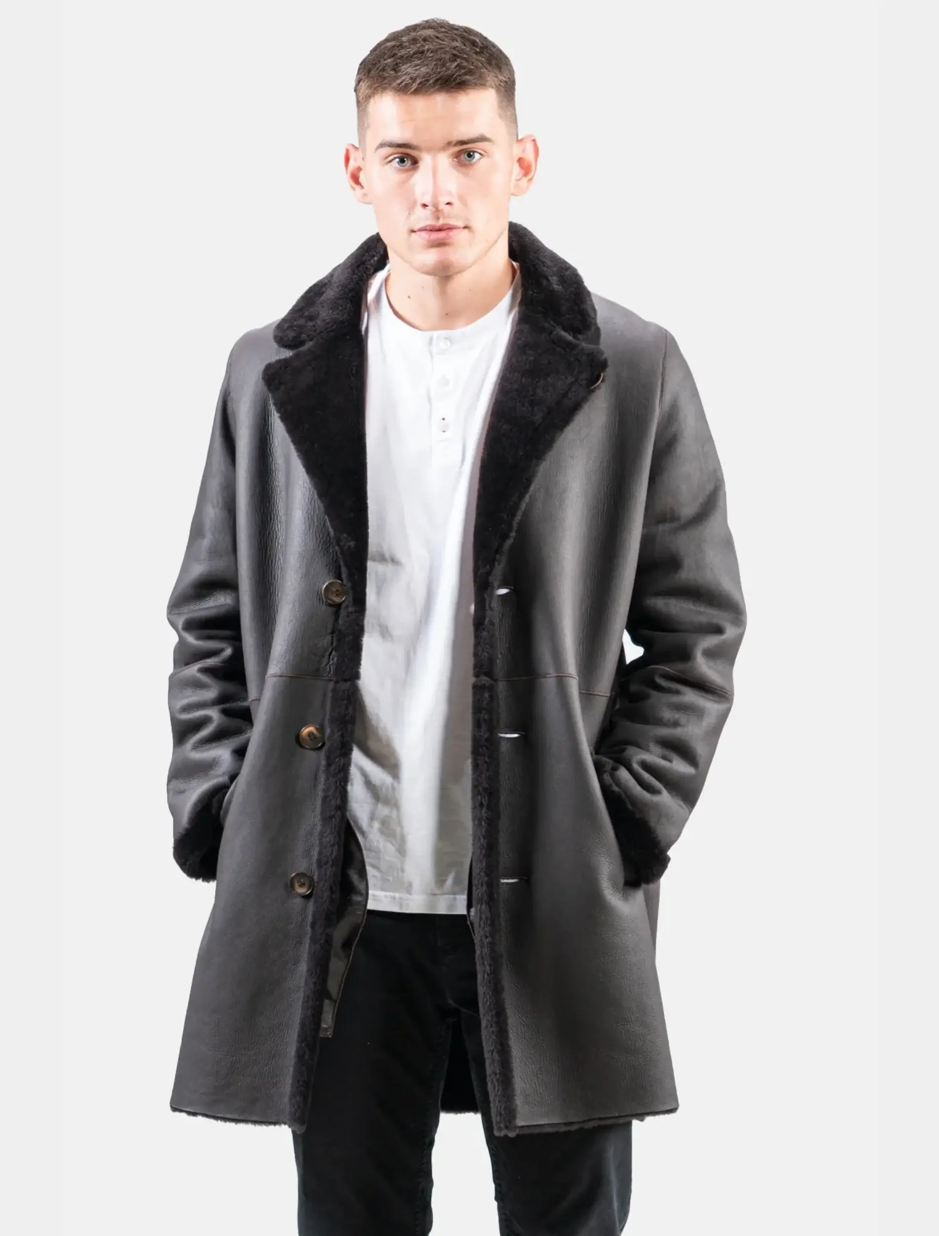 Mens Stylish Black Leather Shearling Coat