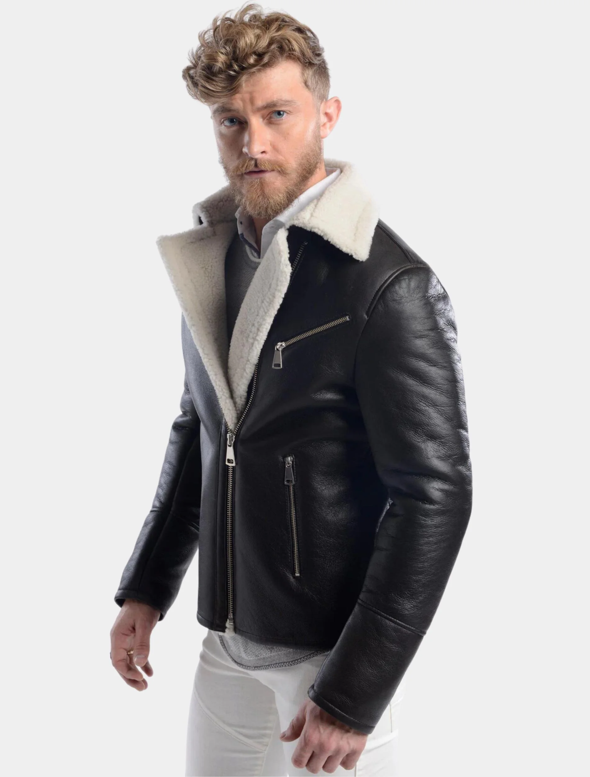 Mens Stylish Black Leather Shearling Jacket Side Pose