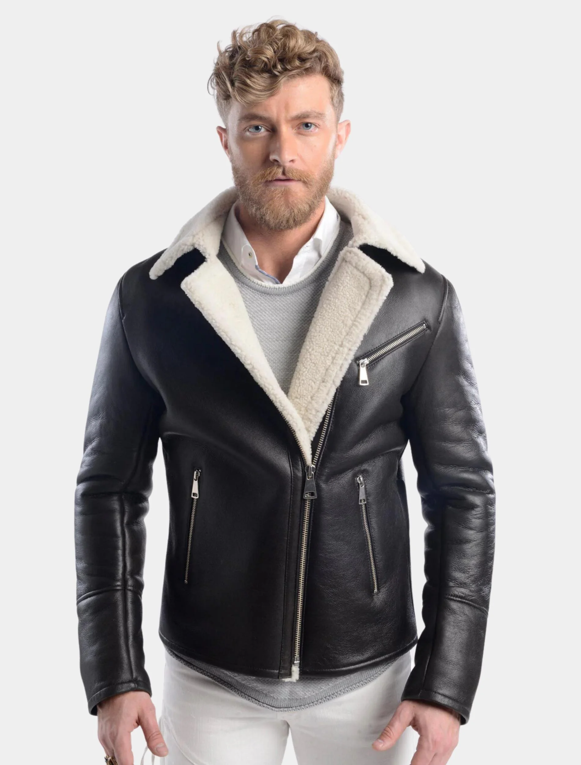 Mens Stylish Black Leather Shearling Jacket