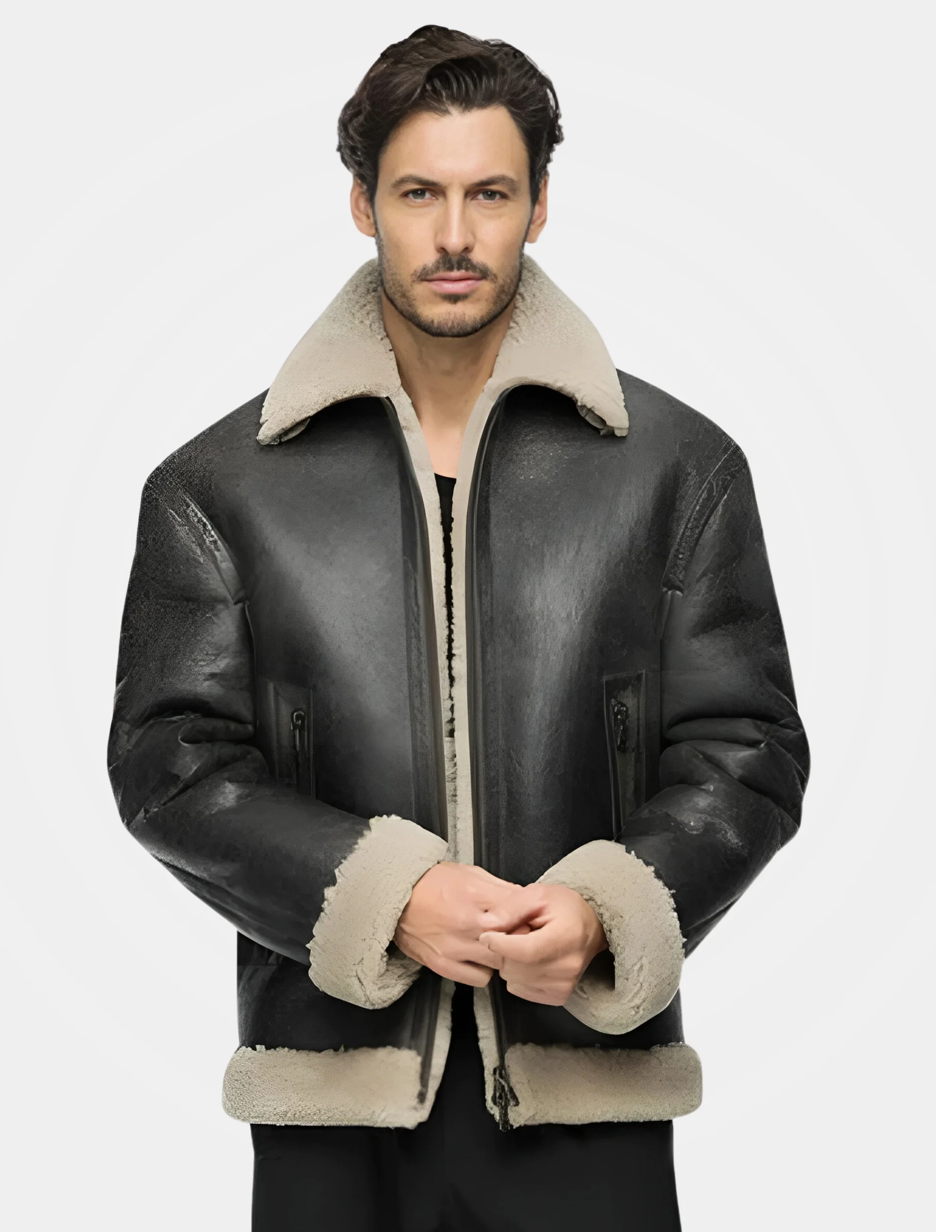 Shop Mens Classy Black Leather Shearling Aviator Jacket