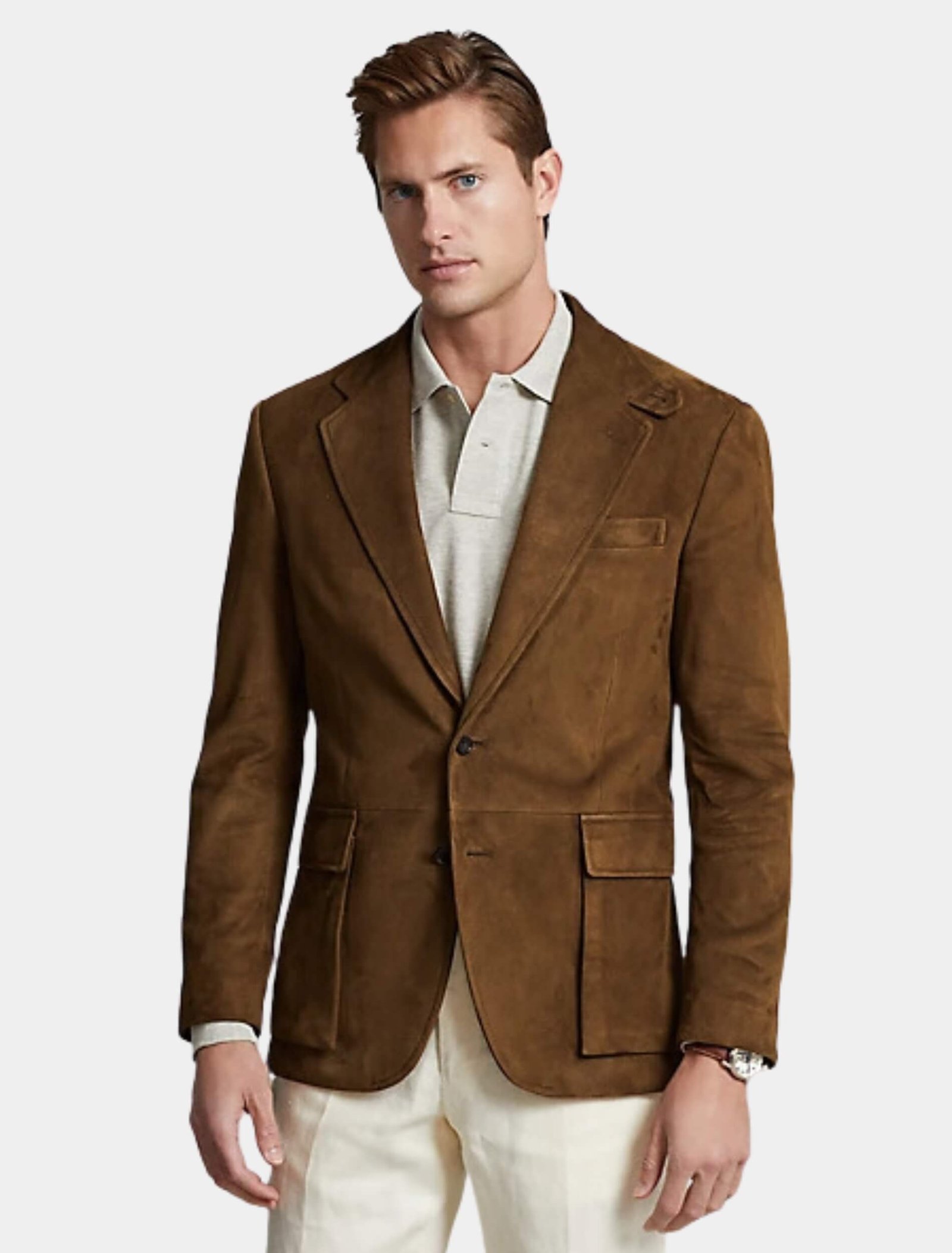 Mens Classic Brown Suede Leather Blazer Front Image