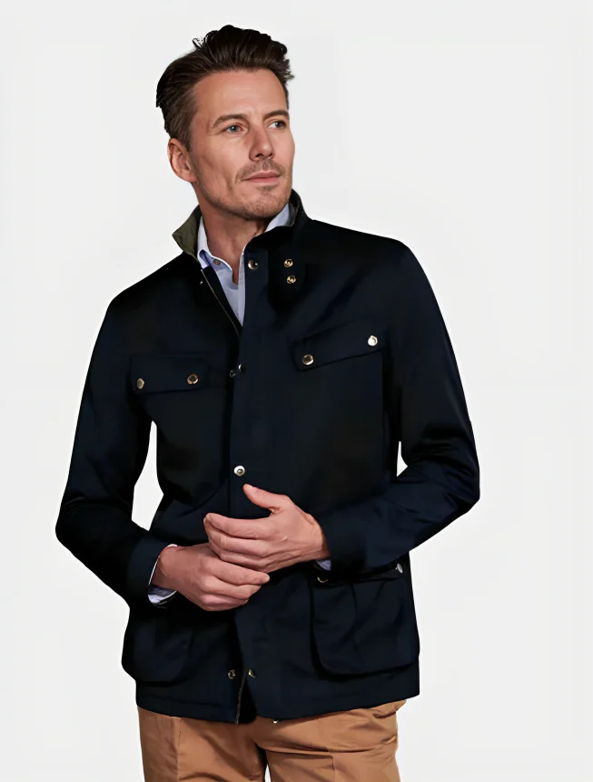 Mens Classic Navy Blue Cotton Safari Jacket