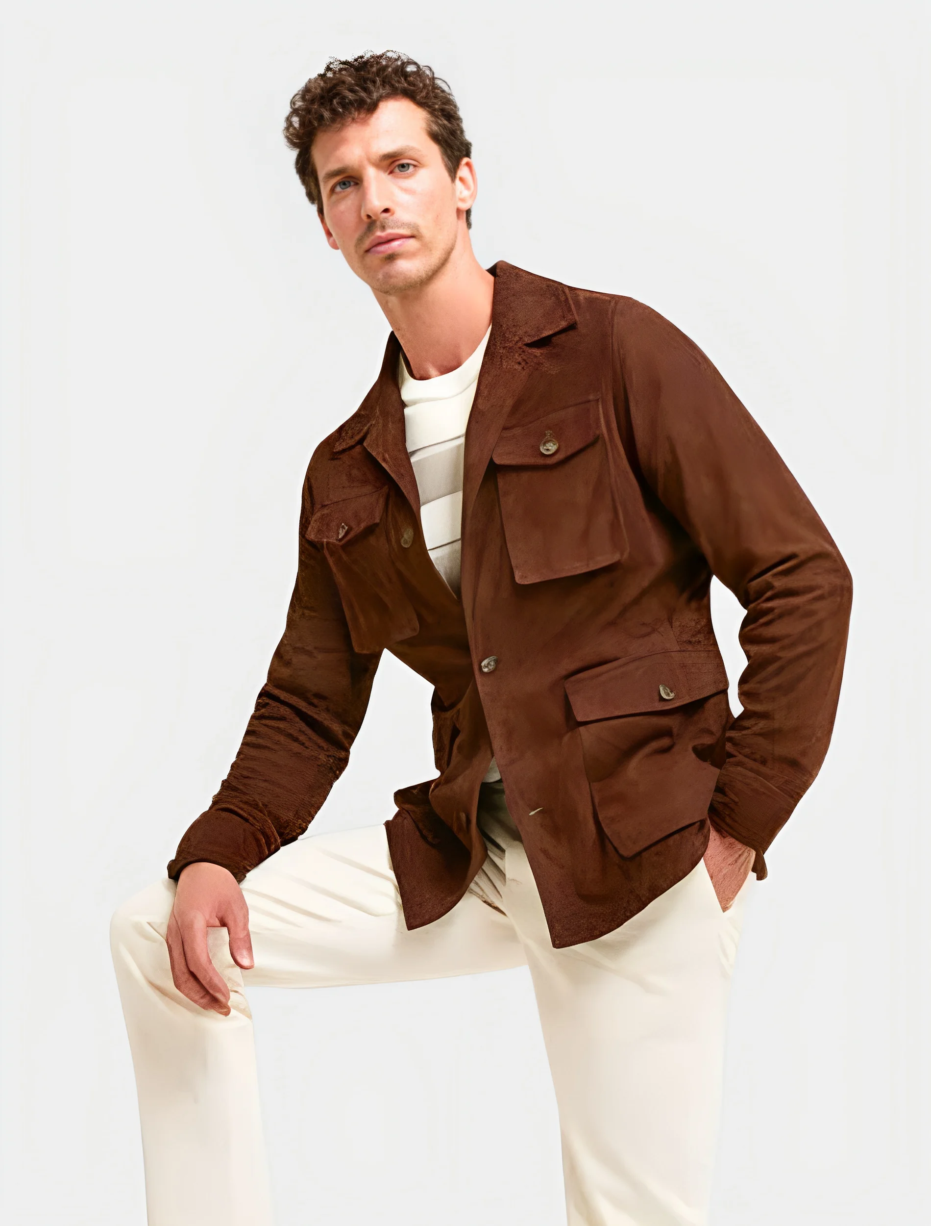 Mens Classic Dark Brown Suede Leather Safari Jacket