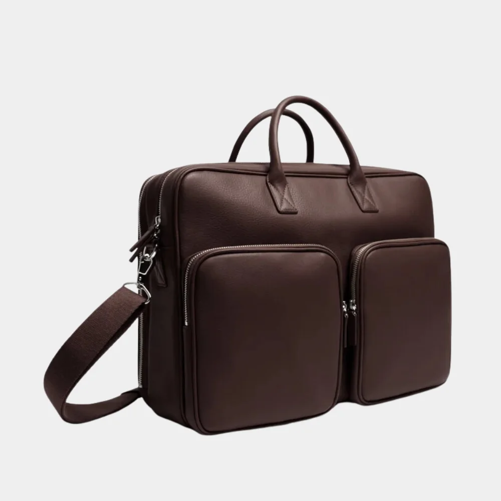 Premium Brown Leather Large Laptop Briefcase Bag Side Detail