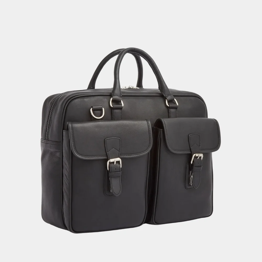 Stylish Black Leather Large Laptop Briefcase Bag Side Pose Detail Image