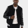 Mens Classic Black Wool College Varsity Jacket With Leather Sleeves