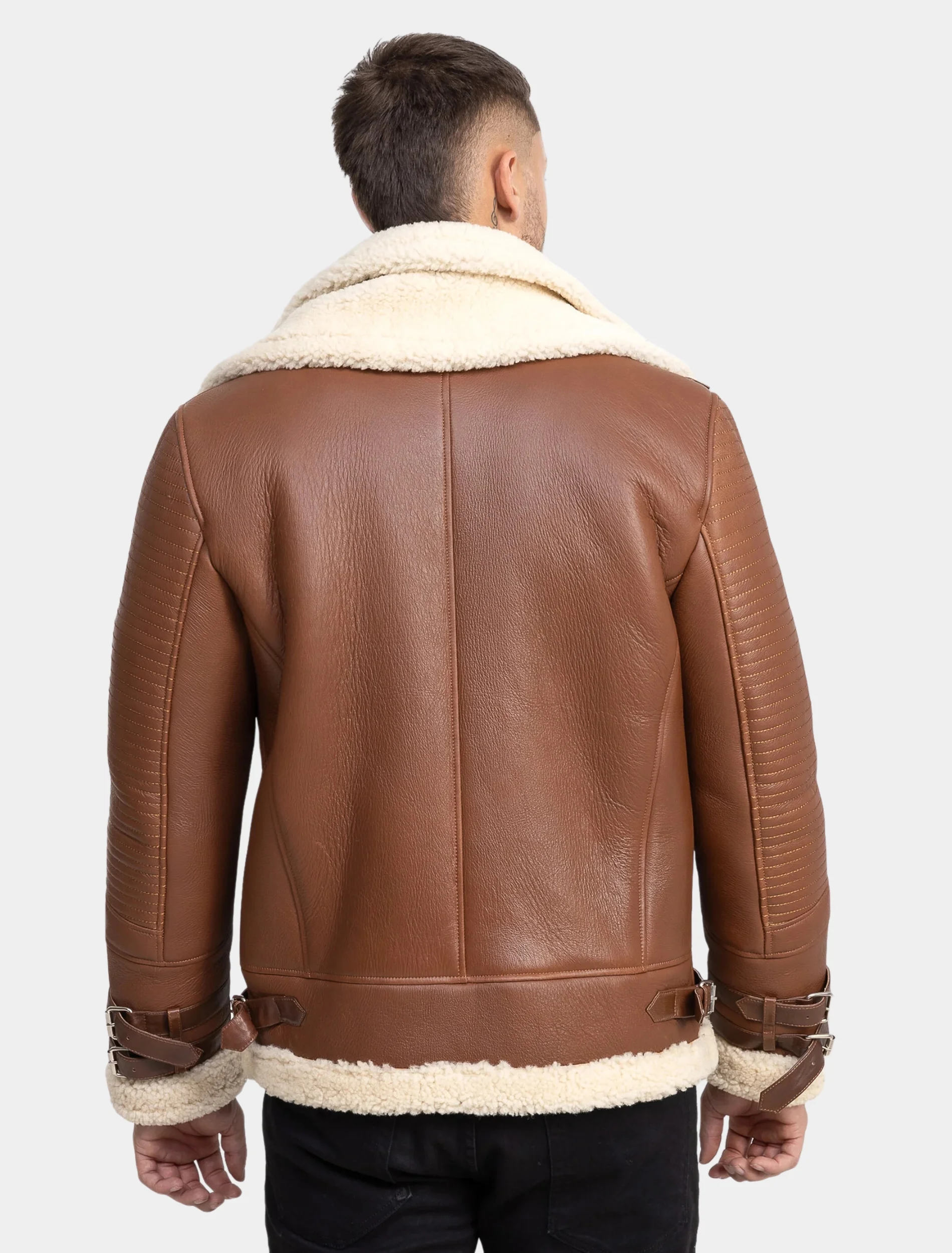 Mens Classy Brown Leather Sheepskin Shearling Aviator Jacket With White Fur Back