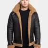 Mens Classy Dark Brown Leather Shearling Hooded Aviator Jacket