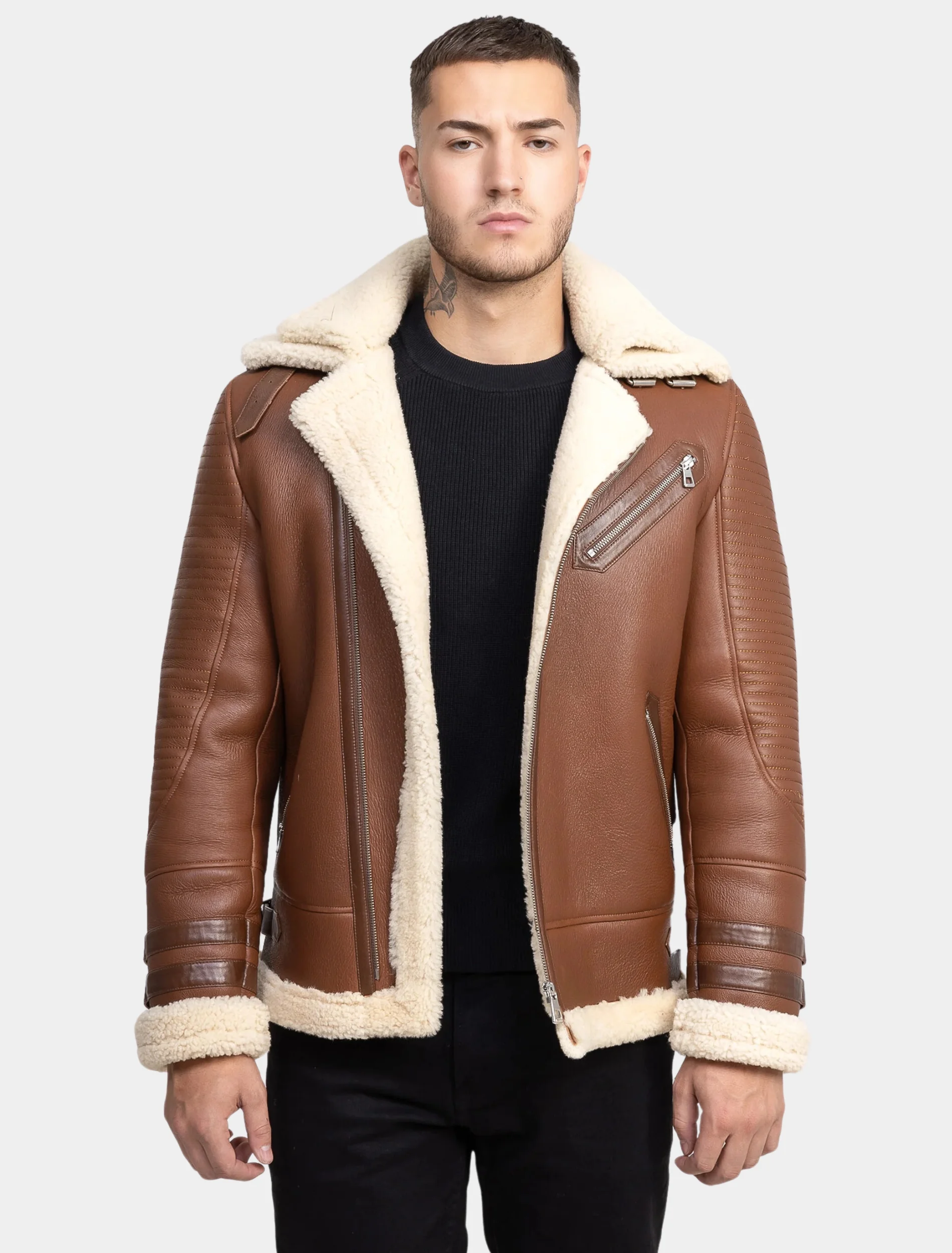 Shop Mens Classy Brown Leather Sheepskin Shearling Aviator Jacket With White Fur