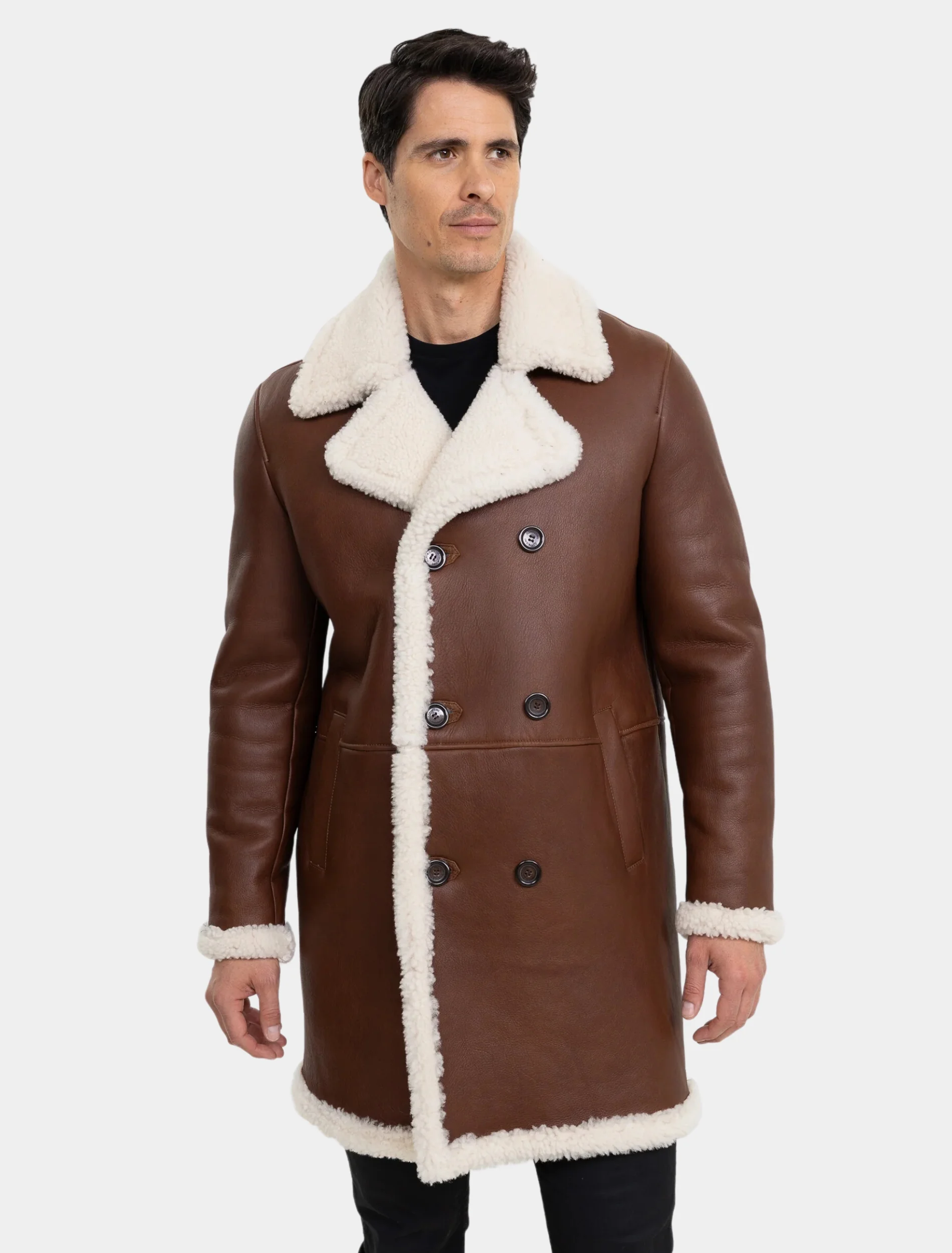 Shop Mens Stylish Dark Brown Leather Sheepskin Shearling Coat