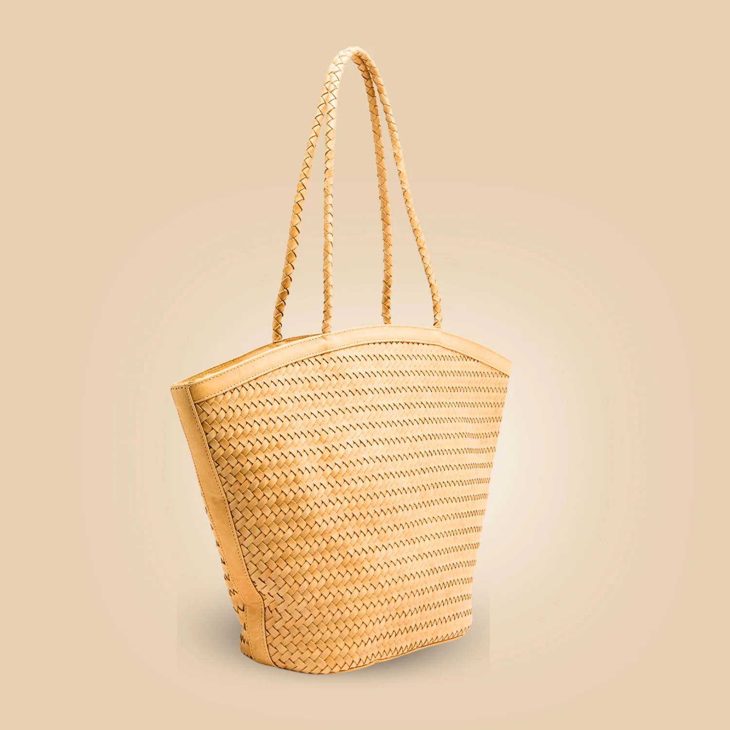 Classy Handmade Beige Brown Leather Woven Tote Bag Side Detail Image