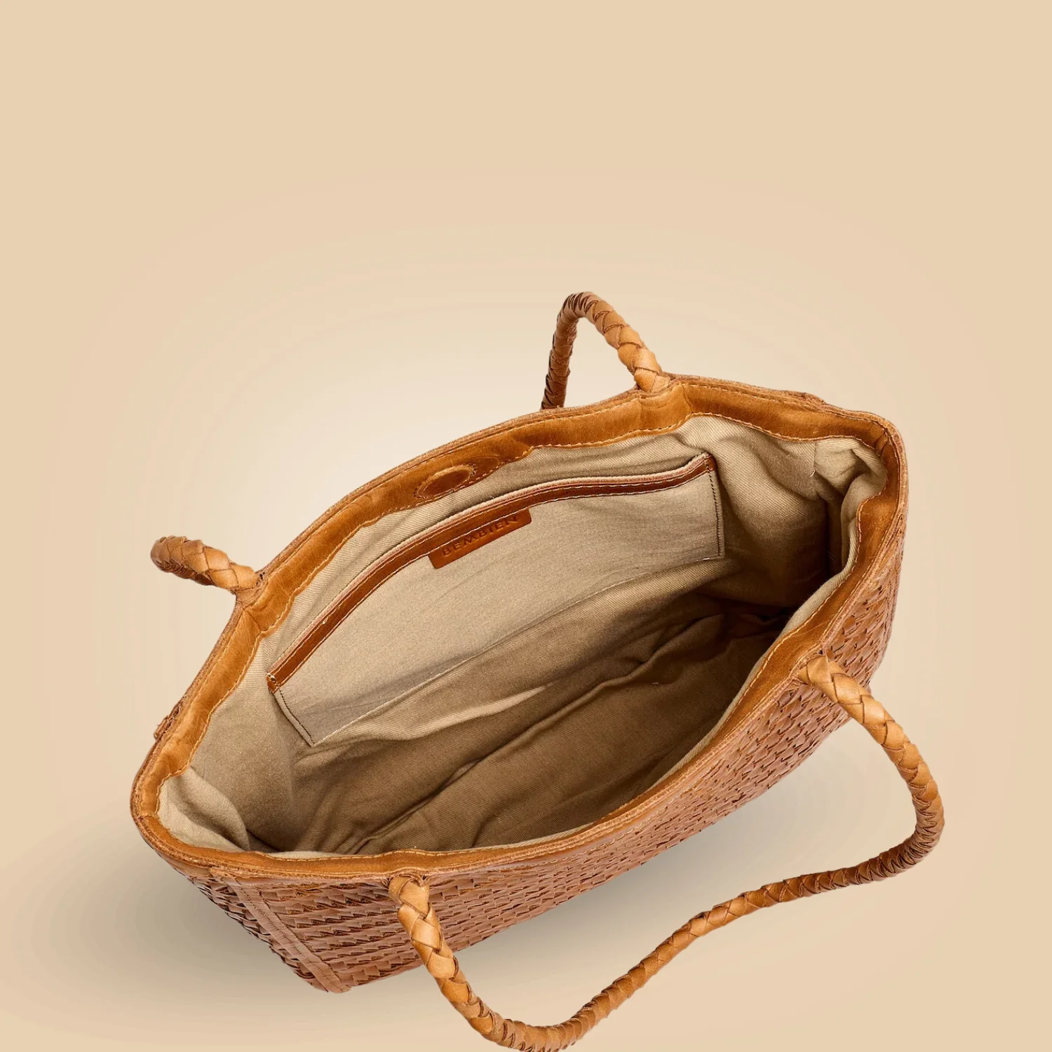 Shop Stylish Handmade Tan Brown Leather Woven Tote Handbag Inner Detail For Women