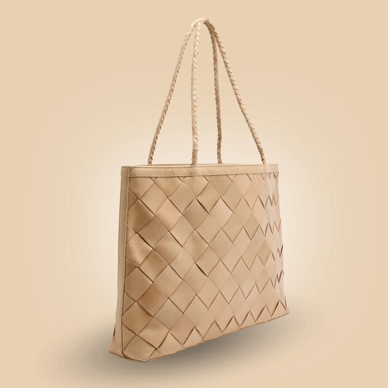 Stylish Handmade Beige Brown Leather Woven Tote Handbag Side Detail For Women