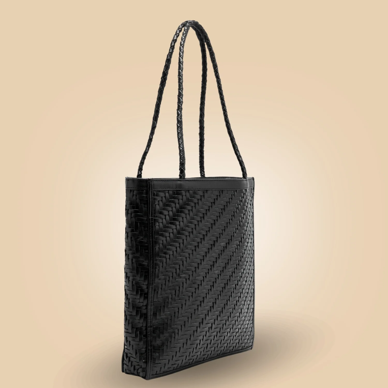 Stylish Handmade Black Leather Woven Tote Handbag Side Pose For Women