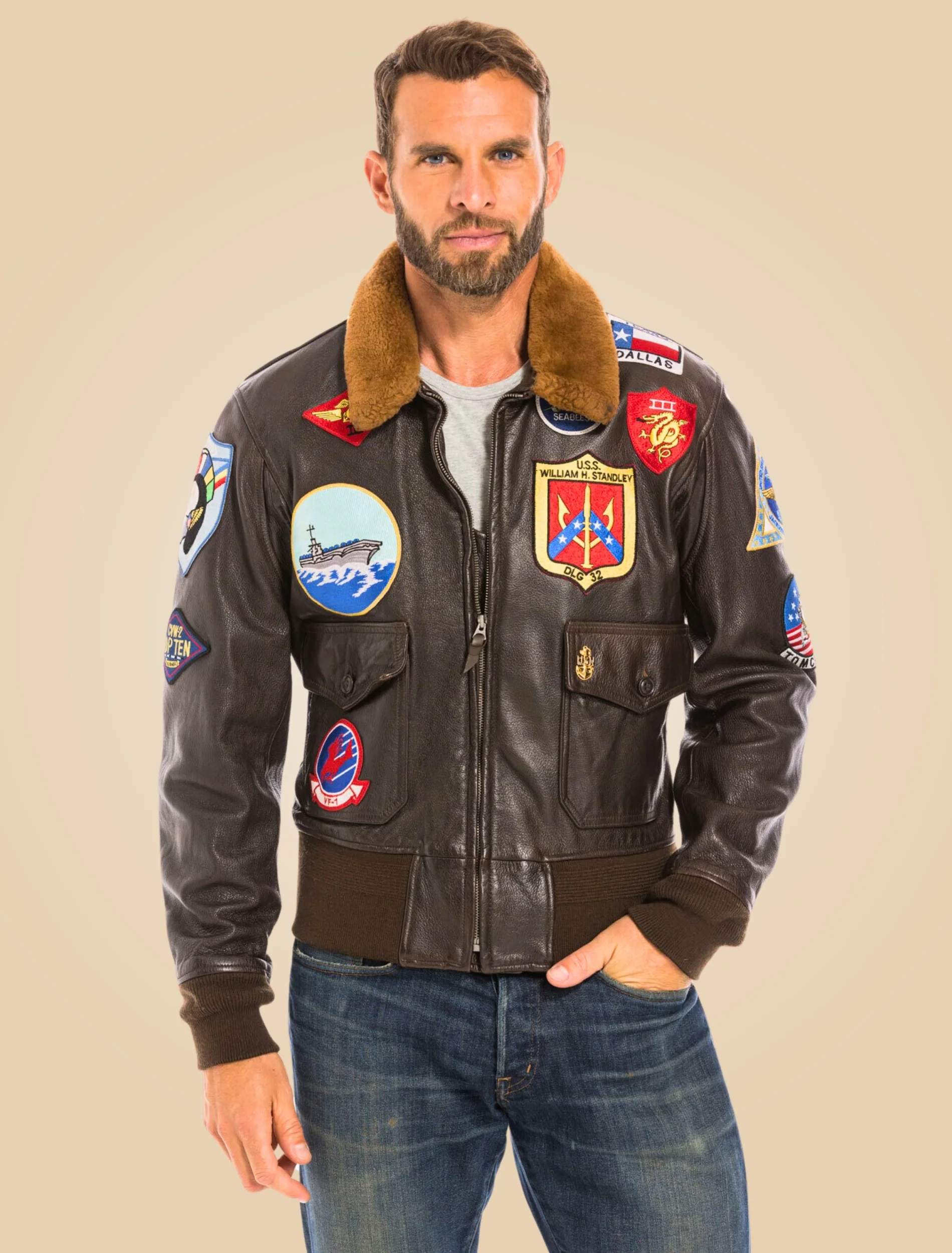 Shop Top Gun Maverick Brown Leather Bomber Jacket Side Detail