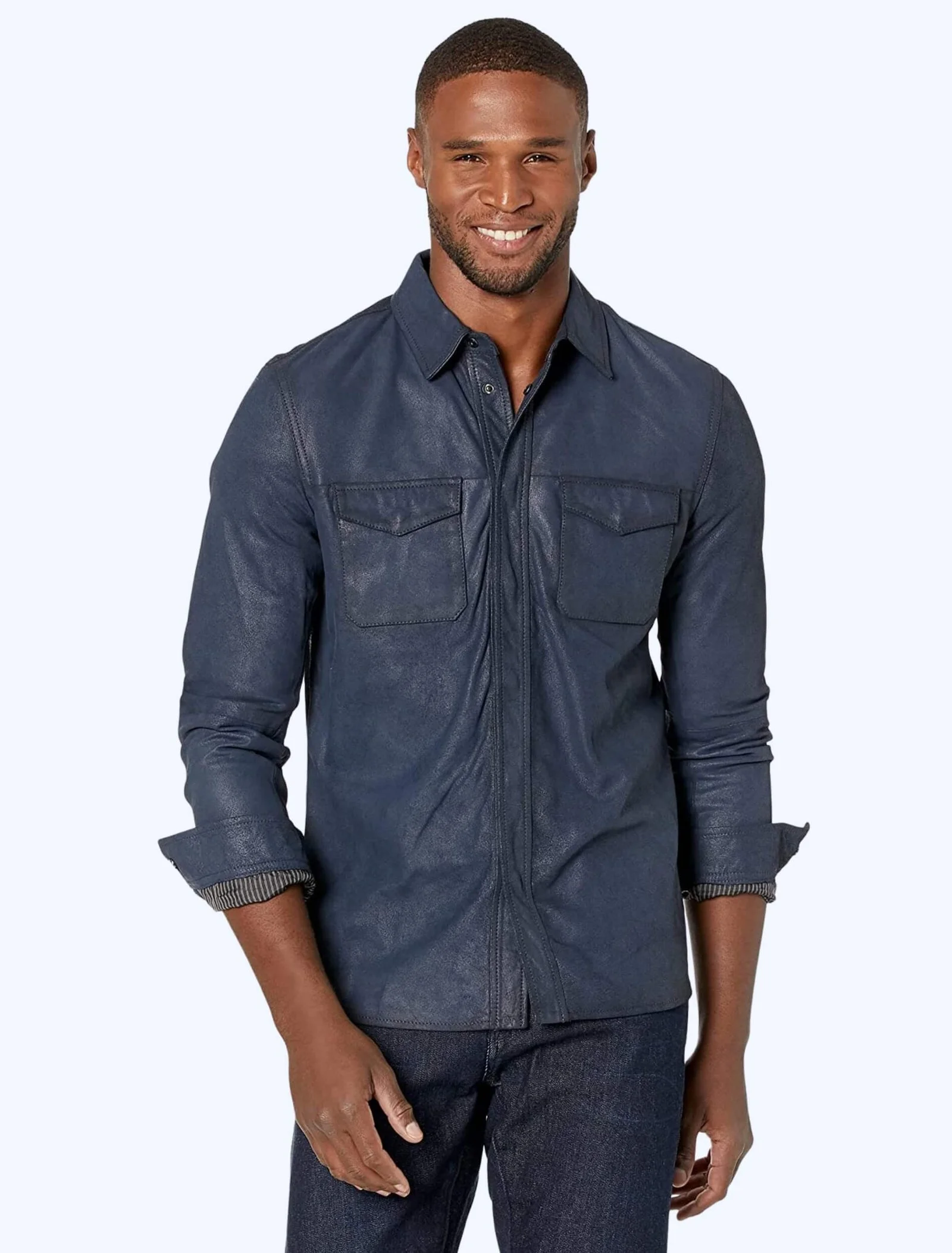 Casual Blue Leather Shirt Front Image